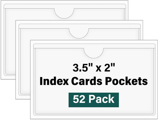 52 Pack Clear Adhesive 3.5" x 2" Index Card Pockets With Top Open, Plastic Card Sleeves Index Card Holder for Organizing Storage Bins, Library Cards, Notes, Drawer