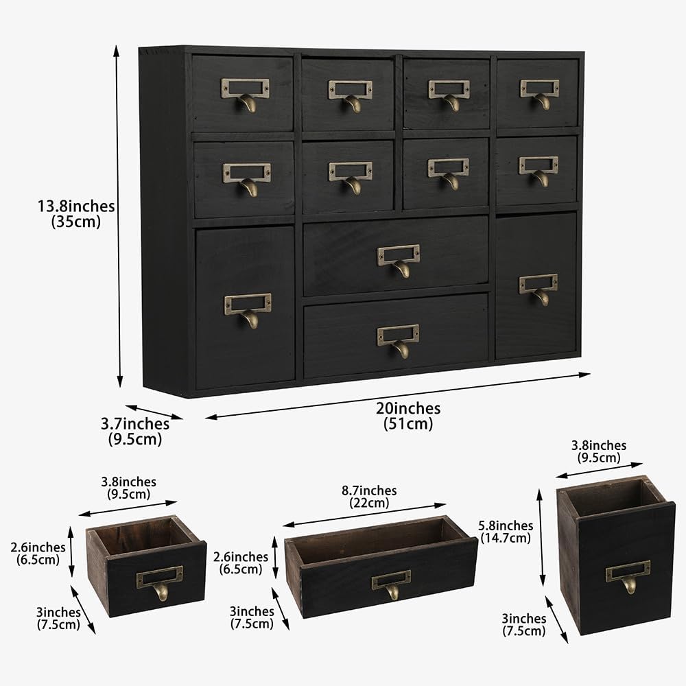 12 Drawers Apothecary Cabinet with Drawers Tabletop Apothecary Drawers Library Card Catalog Cabinet Medicine Cabinets Wood Desk Organizer Wooden Storage Box (Black)