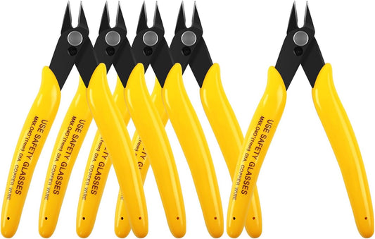 HongWay 5pcs Micro Flush Cutters, Wire Cutter with Internal Spring, Diagonal Cutters for Electronics, Heating Wire, Model Sprue, Soft Copper Wire Snips, 5 Inches, Yellow