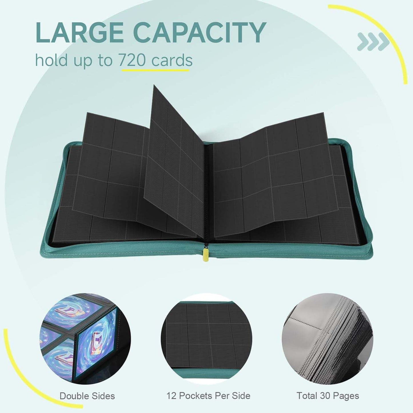 Trading Card Binder with Zip,12 Pockets Card Binder,720 Double Sided Pocket Card Collection Binder,Card Album Card Folder for MTG,TCG,Sports Cards,Game Cards,Green
