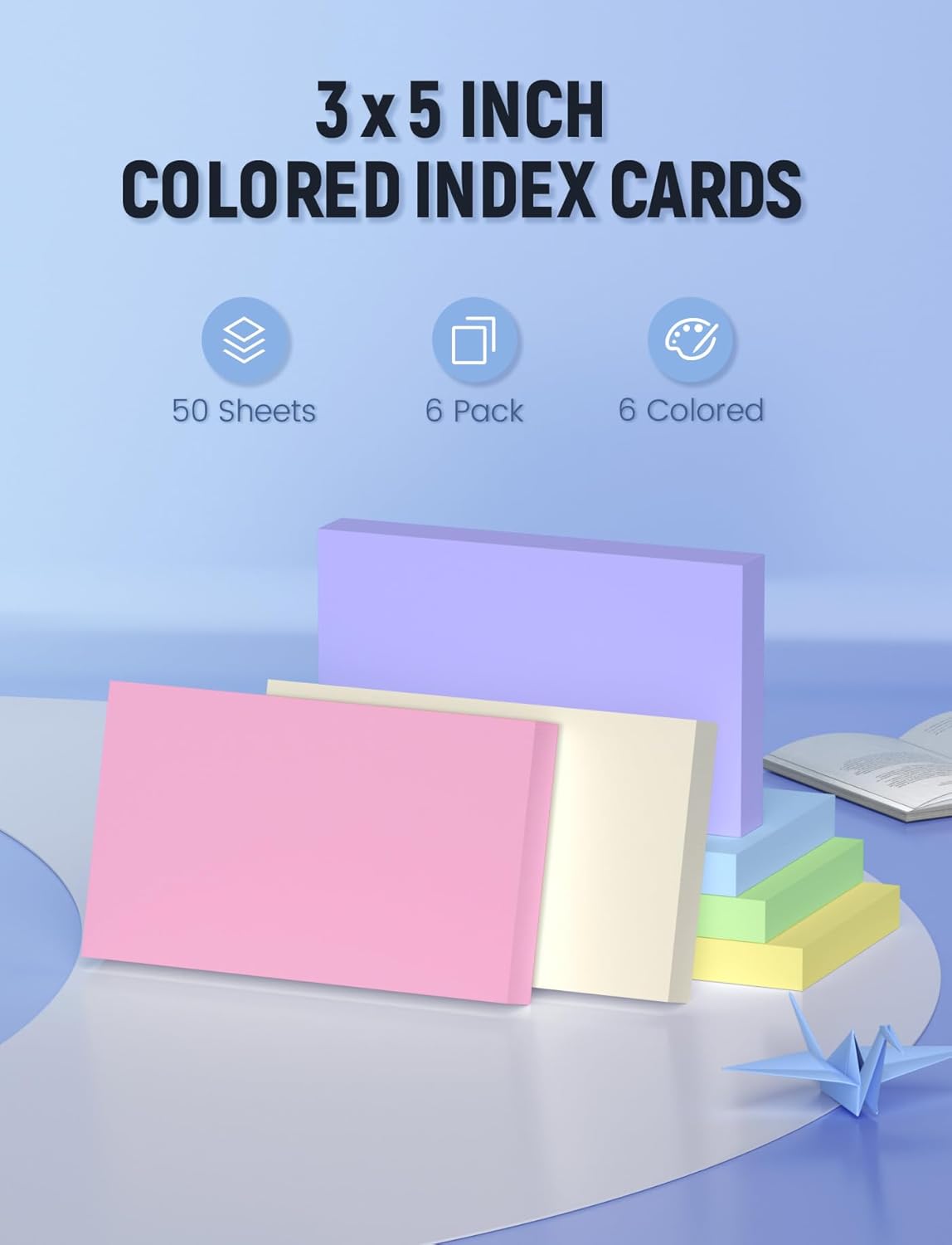 Colored Index Cards 3x5, 300 Pcs Blank Index Cards 3x5, Double-Sided Blank Flashcards, 6 Colors Note Cards 3 x 5, Heavy Bright Flash Cards for Studying, Colored Notecards for Office, School, and Home