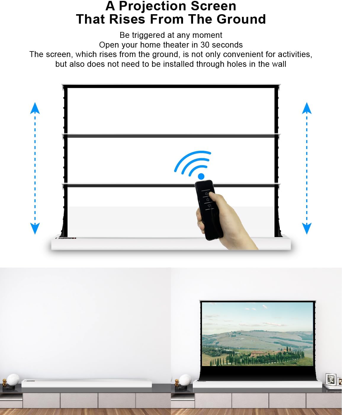 VIVIDSTORM-Home Cinema S 110 inches Portable Folding Stand Floor Rising Movie Screen Sound Transparent Perforated White Screen Compatible with ordinaryprojector,VWSDSTPW110H
