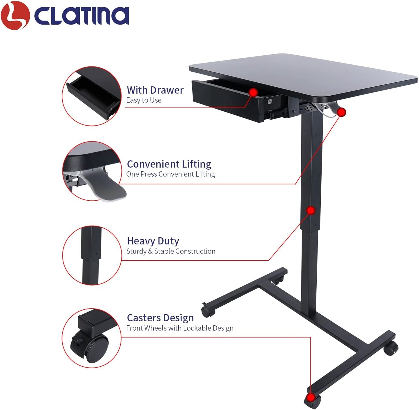 CLATINA Mobile Laptop Standing Desk, Height Adjustable Teacher Podium with Lockable Wheels, Adjustable Work Table with Drawer, Computer Cart Overbed Table for Home Office Classroom, Black