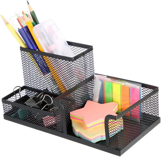 Pen Holder Mesh Metal Pencil Holder Desk Organizers Black for Desk Office with 3 Compartments Pencil Holders,Desktop Storage Caddy Organization,Suitable for School, Home,Black