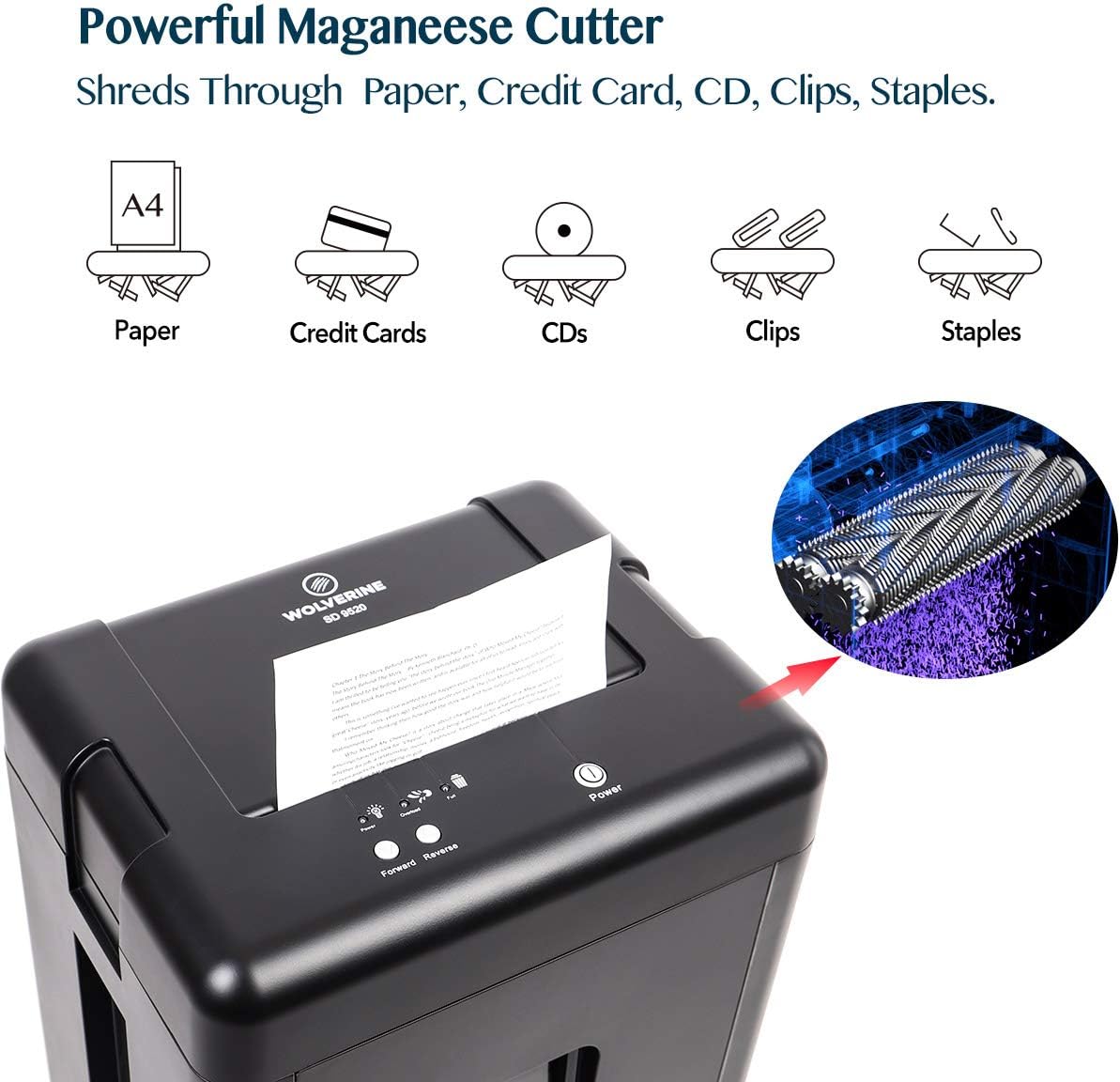 WOLVERINE 15-Sheet Super Micro Cut High Security Level P-5 Heavy Duty Paper/CD/Card Shredder for Home Office, Ultra Quiet by Manganese-Steel Cutter and 8 Gallons Pullout Waste Bin SD9520 (Black ETL)