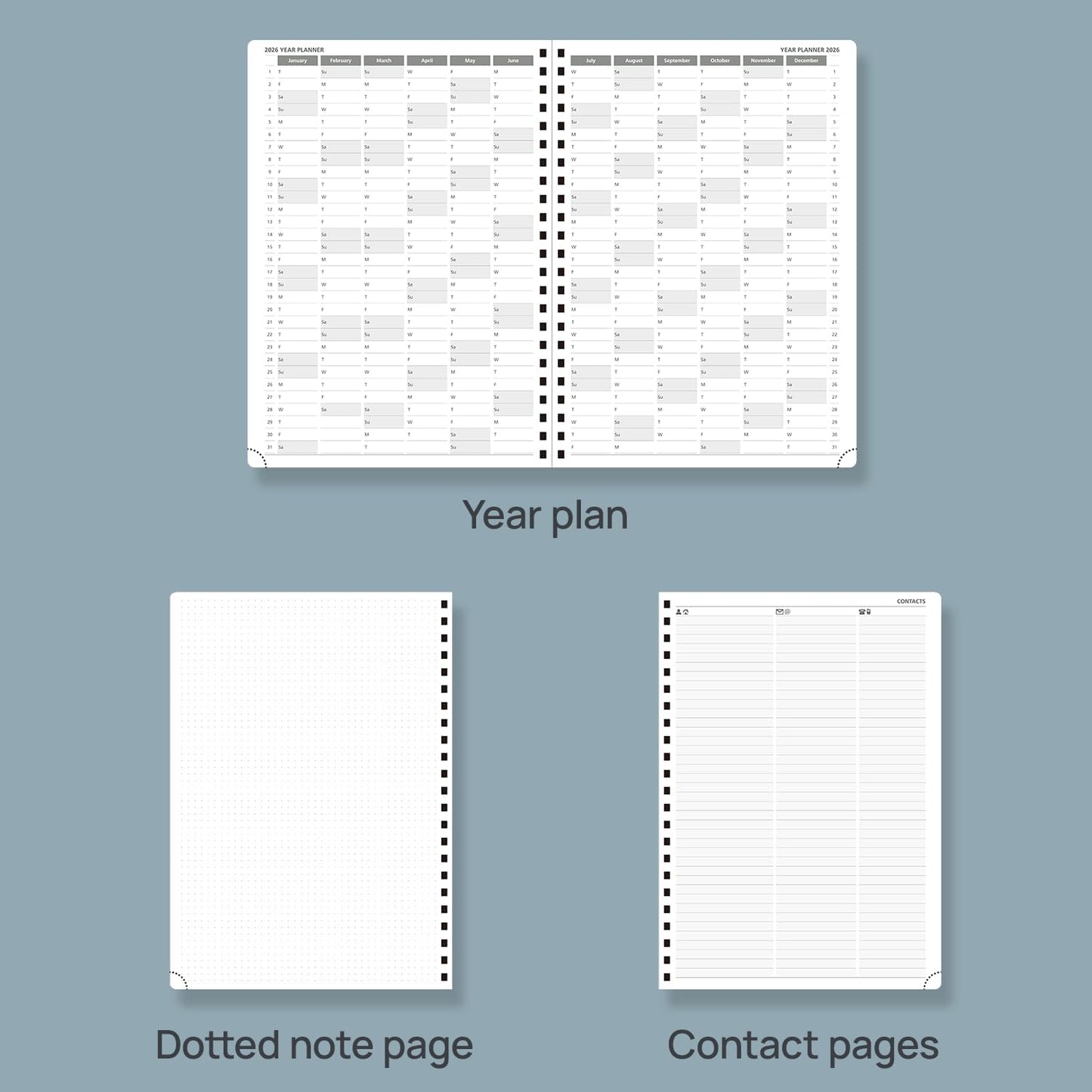 POPRUN 2026 Daily Planner One Page A Day - [A4 Large Size 8.25" x 12" -Spiral Hard Cover], Agenda 2026 Hourly Appointment Book with Monthly Calendar, Pen Holder, Ivory Paper -Midnight Green