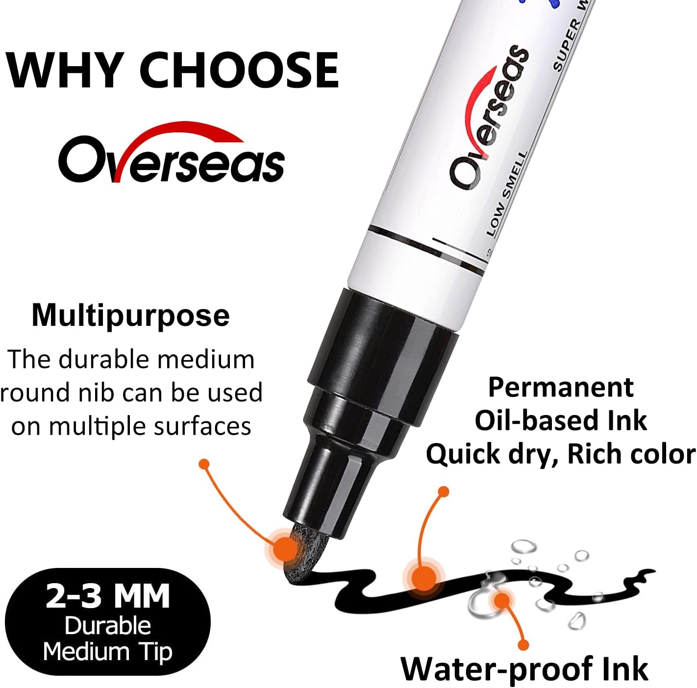 Overseas Permanent Paint Markers Pens - 3 Pack Silver Oil Based Paint Pens, Medium Tip, Quick Drying and Waterproof Marker Pen for Metal, Rock, Wood, Fabric, Plastic, Canvas, Mugs, Stone, Glass