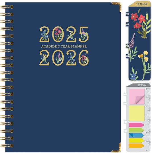 HARDCOVER Academic Year 2025-2026 Planner: (June 2025 Through July 2026) 8.5"x11" Daily Weekly Monthly Planner Yearly Agenda. Bookmark, Pocket Folder and Sticky Note Set (Navy Gold Numbers)