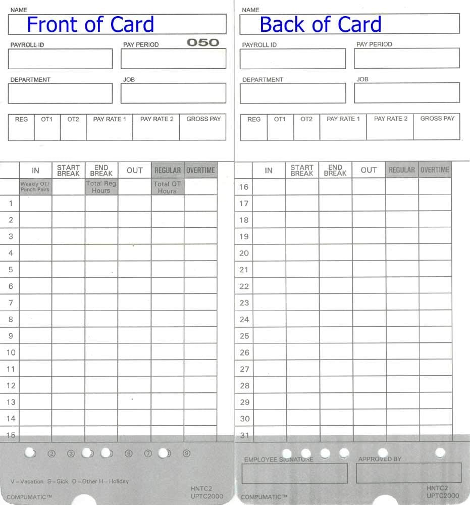 100 Time Cards for uPunch HN2000, HN2500, HN4000, HN4500 AutoAlign Calculating Time Clock and More HNTC2 UPTC2000 COMPUMATIC Compatible