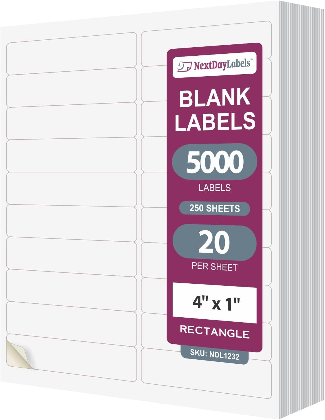 NextDayLabels – 4” x 1" Rectangular Sticker Labels for Printer - White Laser/Inkjet Printer Labels Return Address Labels Shipping Label Stickers (250 Sheets, 20 Per Sheet, 50000 Labels)