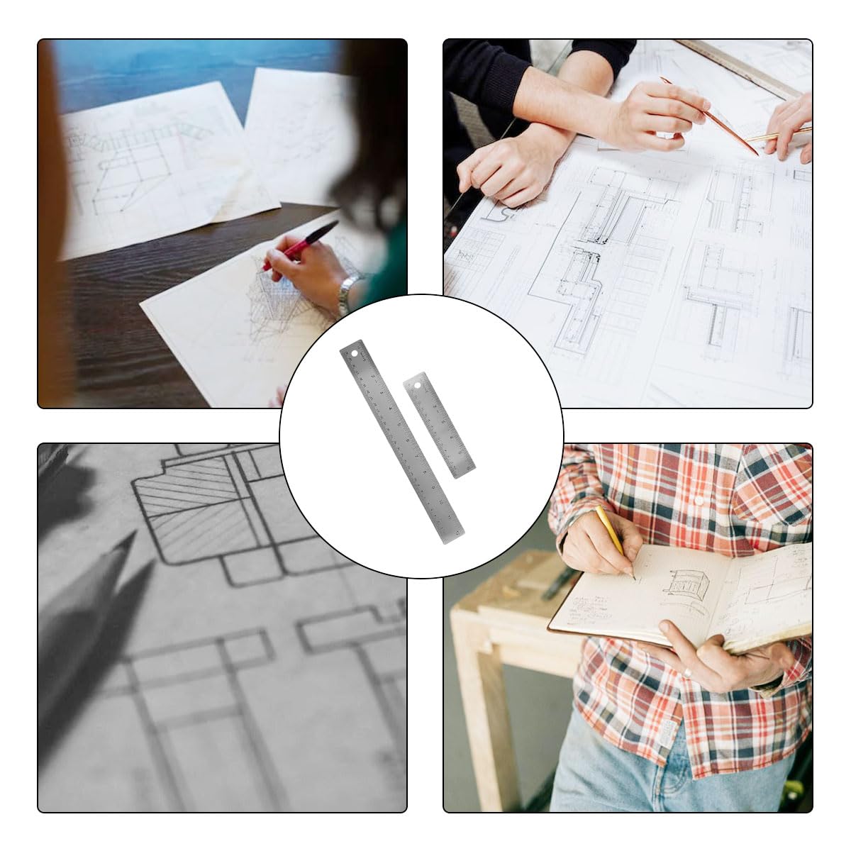 6-Inch and 12-Inch Stainless Steel Metal Ruler with Non-Slip Cork Backing - 2 Pack