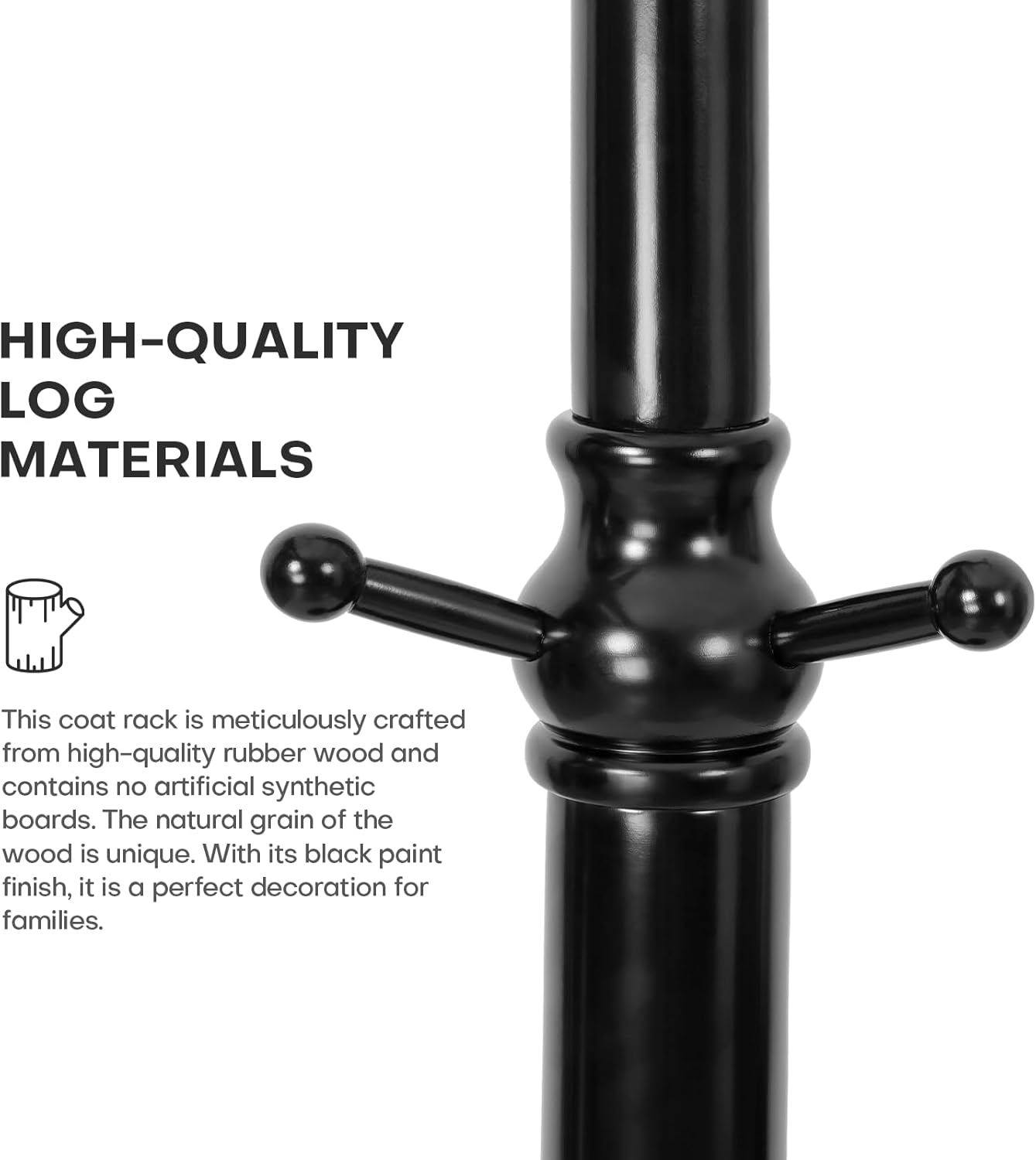 Wood Coat Rack Coat Tree Freestanding with Hooks, Heavy Duty Standing Coat Rack with Solid Round Base, 74” Tree Shaped Coat Hanger Stand for Clothes, Hat, Jacket, Entryway Bedroom, Balck