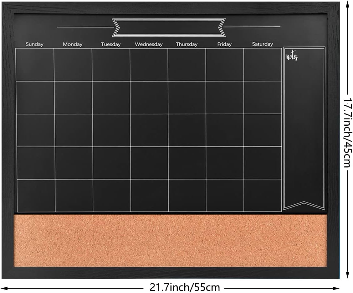 TORASO Magnetic Chalkboard Calendar Corkboard, 17.7" x 21.6" Combination Chalk Board Bulletin Board, Black Wood Framed Blackboard Calendar Cork Combo Board(ZHHB-BK-4555)