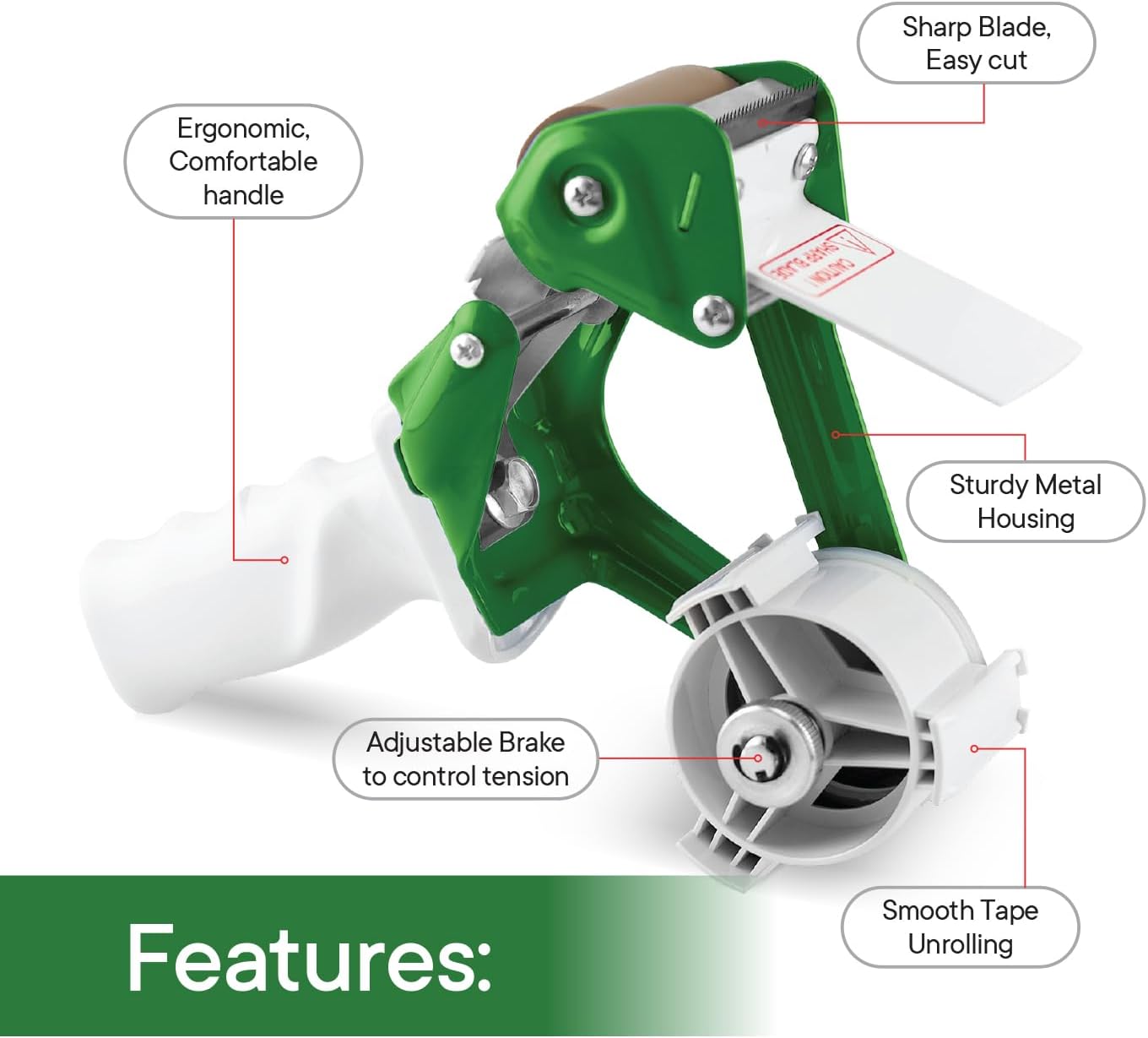 Heavy Duty Metal Frame Tape Gun - 3" Core with Special Ergonomic Handle - Packing Tape Dispenser with Premium Tempered Steel Blade for 2" Tape Rolls