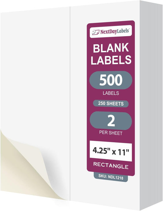 NextDayLabels – 4-1/4" x 11" Rectangular Sticker Labels for Printer - White Laser/Inkjet Printer Labels Return Address Labels Shipping Label Stickers (250 Sheets, 2 Per Sheet, 500 Labels)