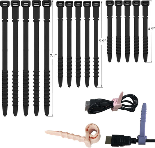 Silicone Zip Ties, Reusable Zip Ties, Rubber Cable Ties Straps for Wire Management, Elastic Silicone Ties Cable Organizer for Home Office, Cord Ties in Three Sizes 4.5" 5.9" and 7.1" (5+5+5 Pcs Black)