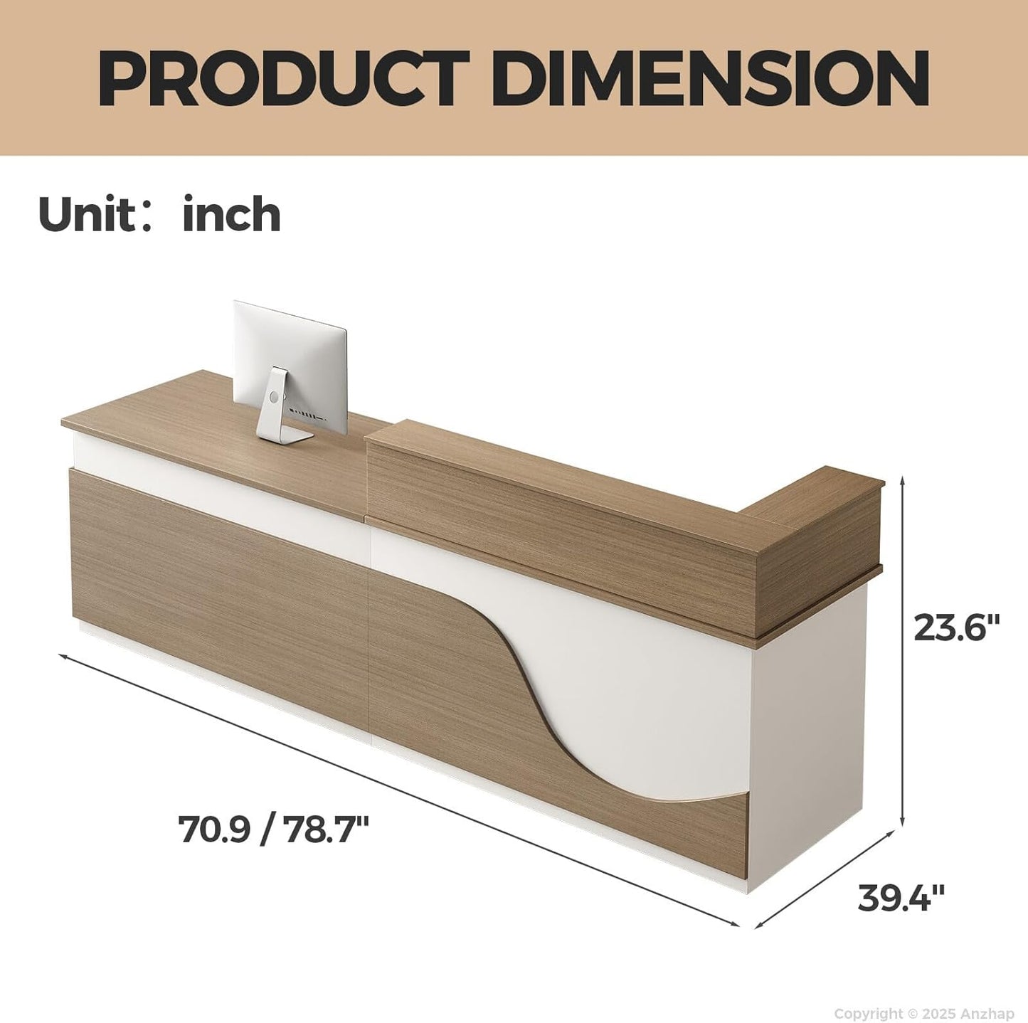 Modern Reception Desk – L Shaped Front Desk Checkout Counter with Drawers, Storage Cabinet and Double-layer tabletop for Office, Salon, Lobby, Cashier (White+Natural/Left, 71"L * 24"W * 39"H)