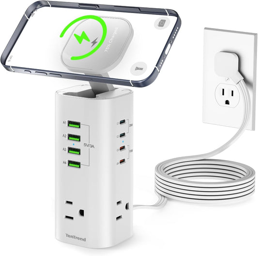 Tower Power Strip Surge Protector with 3 AC Outlets & 8 USB Ports (4 USB-C), TenTrend 160W Fast Charging Station, 5 FT Flat Plug Extension Cord with Multiple Outlets for Home Office Dorm Room