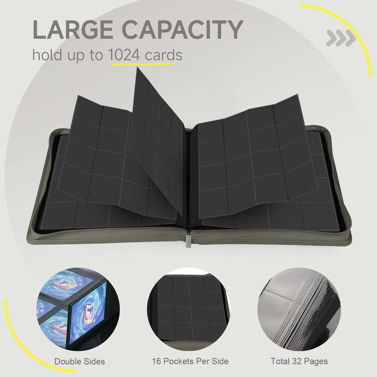 Card Binder with 1024 Cards,16 Pocket Trading Card Binder Includes 32 Page Storage Sleeves,Collection Card Album,Card Holder to Organize and Protect Cards,Grey