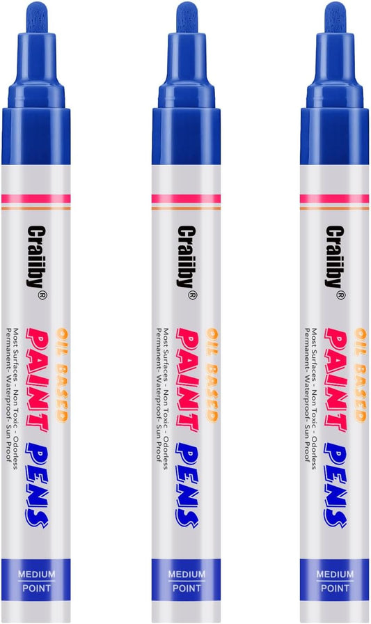 Blue Paint Markers, 3 Pack Oil-Based Waterproof Quick Dry Permanent Paint Pen Set for Rocks Painting, Wood, Fabric, Plastic, Canvas, Glass, Mugs, Metal, Tire, Stone, DIY Craft