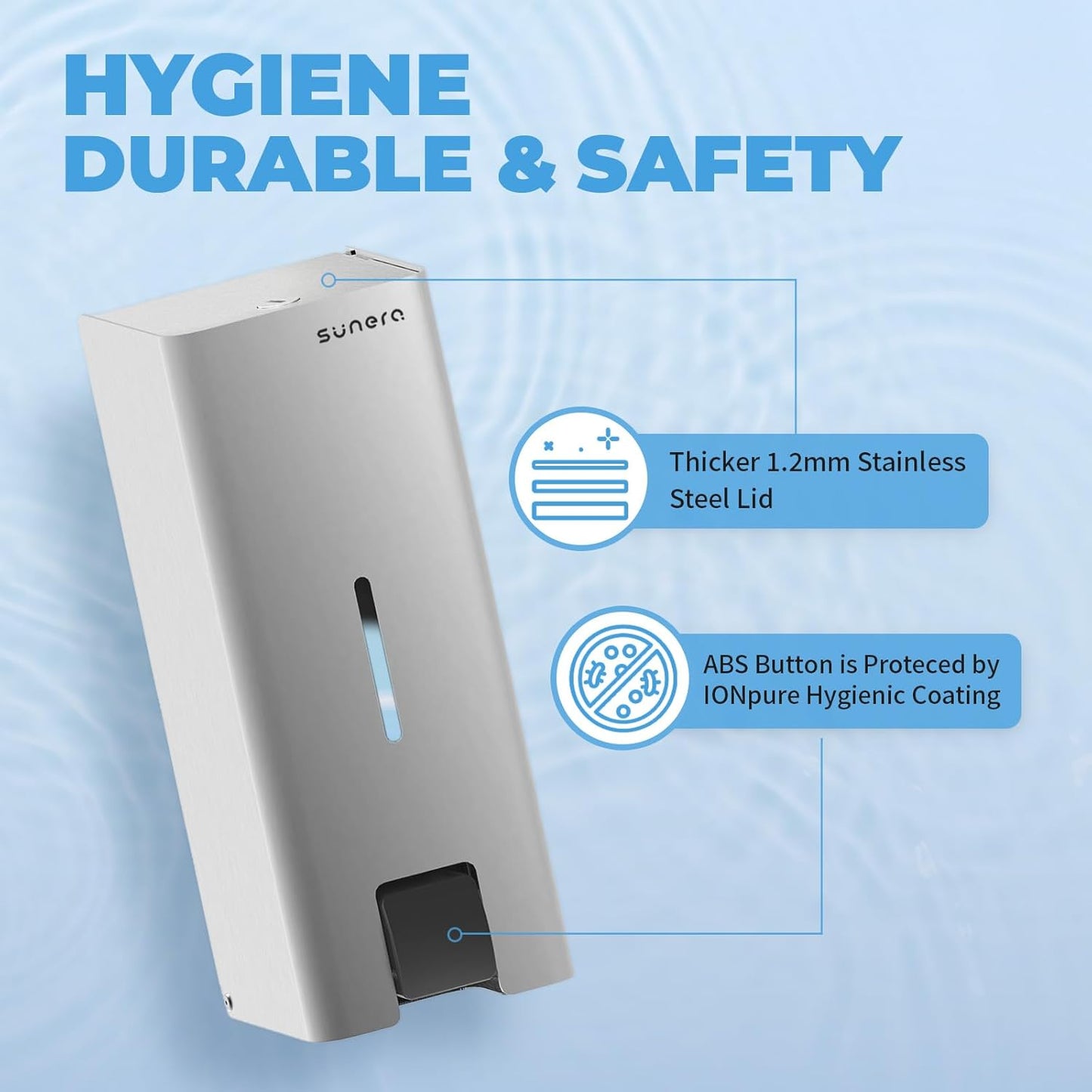 Sunera Commercial Soap Dispenser Wall Mount Luxury 304 Stainless Steel Soap Dispenser Kitchen Bathroom Industrial Push Hand Sanitizer Dispenser 1000ml SUNERA