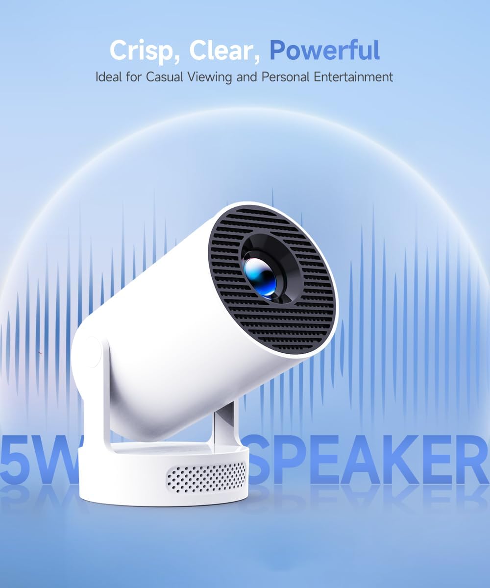 Mini Projector with WiFi 6 and Bluetooth 5.4, Portable Projector 4K support, 5w Soundbase Speaker, Auto Vertical Keystone 180°Rotatable Smart Proyector for Movie Home Outdoor HY300Pro+