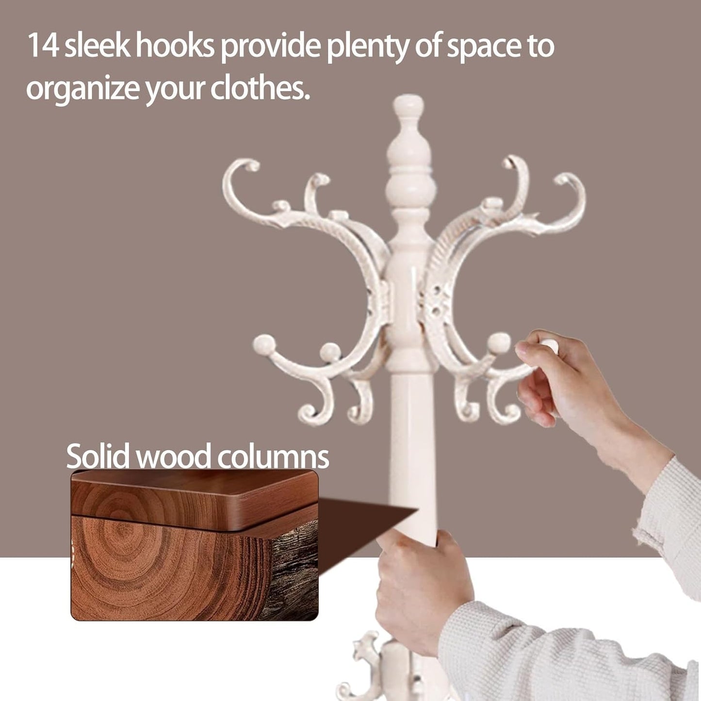 Wooden Coat Racks, Retro 78" Coat Tree with 12 Hooks & Stable Triangular Base, Entryway Coat Rack Freestanding for Hat, Clothes, Scarves, Handbags, Umbrella (Ivory)