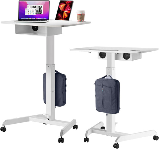 AVLT 44" Height Adjustable Foot Pedal Rolling Desk with Shelf (3 ft 8 inches) - Pneumatic Laptop Standing Desk Cart - Mobile Laptop Cart - White Computer Projector Cart with Brake Casters