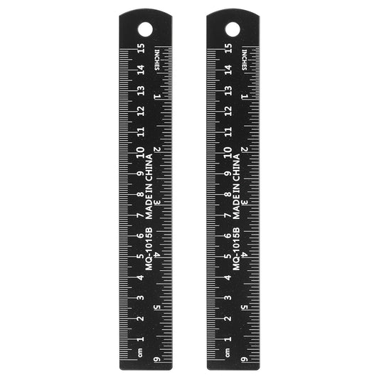 HARFINGTON 2pcs Metal Straight Ruler 15cm Metric SAE Aluminum Alloy Measuring Rulers Scale Tool with Hole for Measure Study Reading Classroom Office, Black