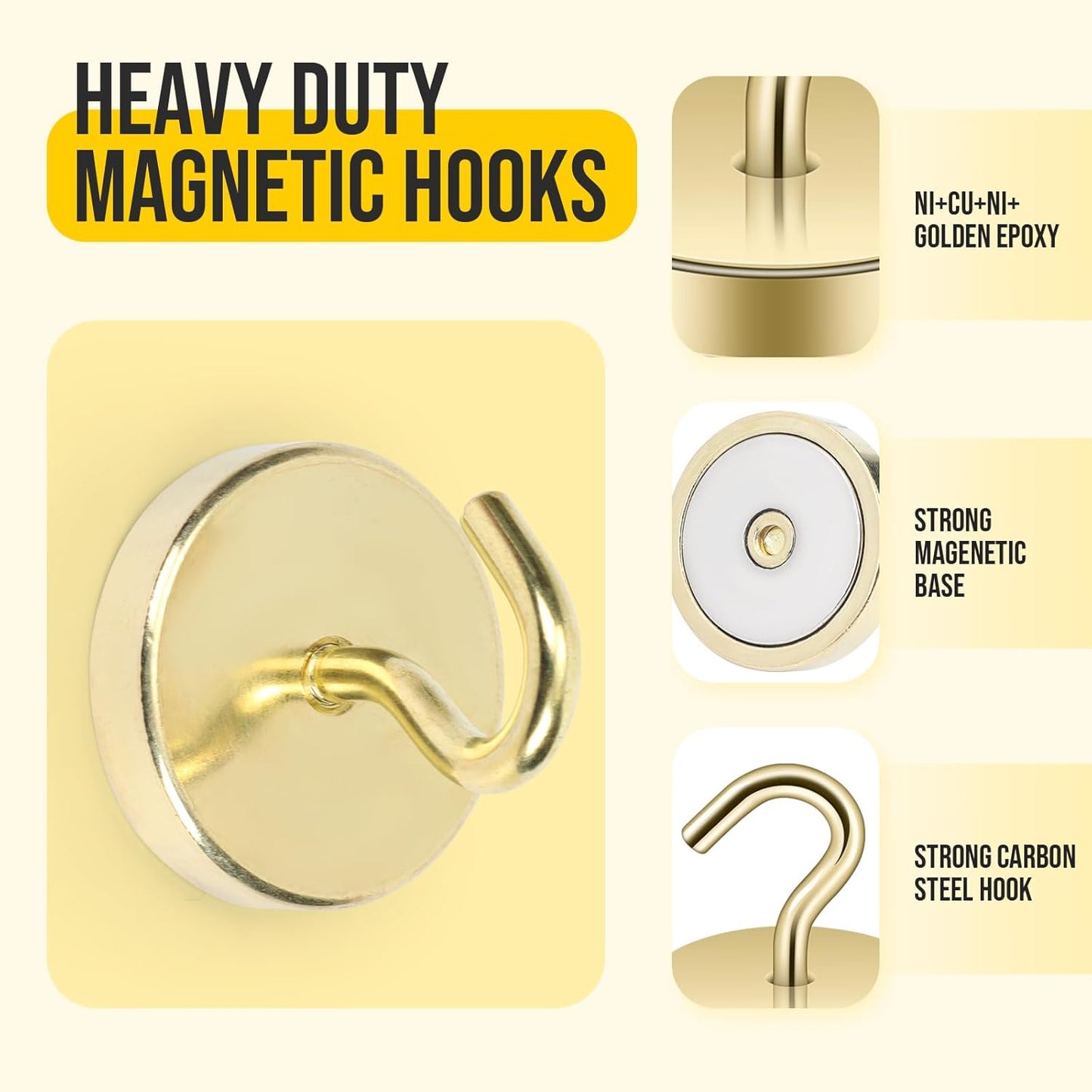 Neosmuk Magnetic Hooks, Heavy Duty 170lb Strong Magnets for Cruise Cabins, Ship Essentials, Large Metal Hooks for Hanging on Fridge(Gold,Pack of 4)