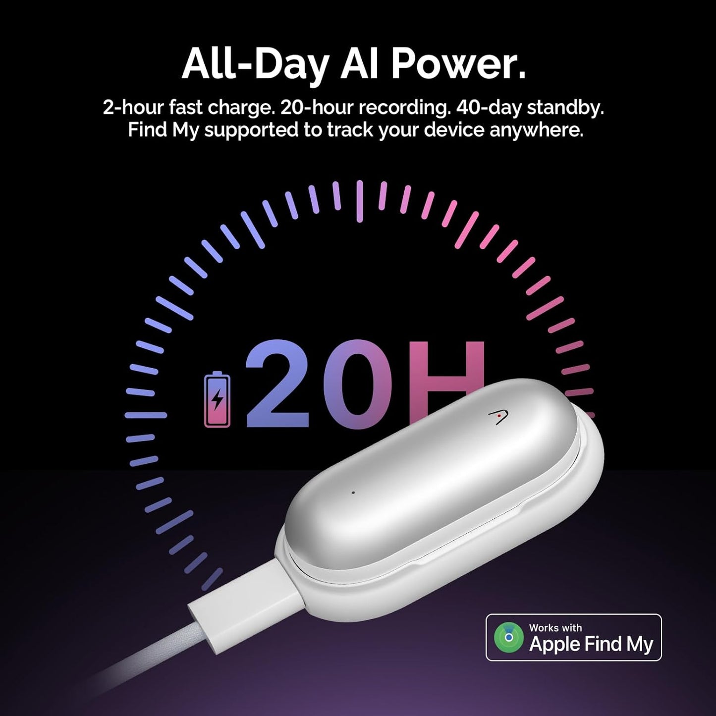 NotePin Voice Recorder, AI Voice Recorder, App Control, AI Notetaker, AI Transcribe & Summarize, Support 112 Languages, 64GB Memory, Audio Recorder for Lectures, Meetings, Lunar Silver