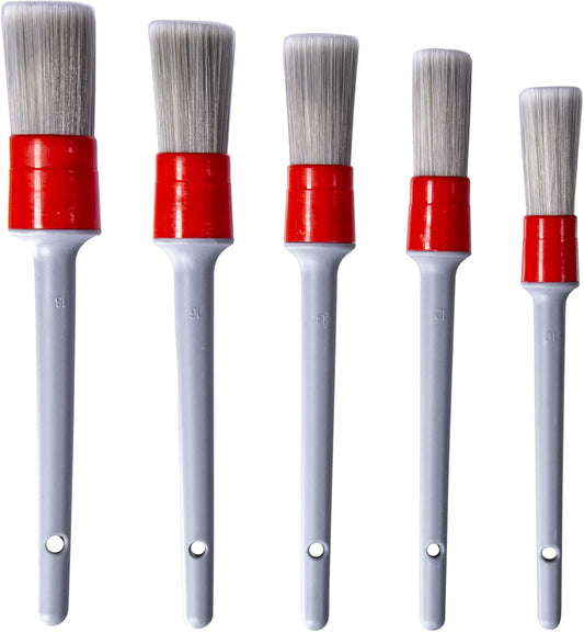 Detailing Brush Set - 5 Different Sizes Premium Natural Boar Hair Mixed Fiber Plastic Handle Automotive Detail Brushes for Cleaning Wheels, Engine, Interior, Air Vents, Car, Motorcy Grey