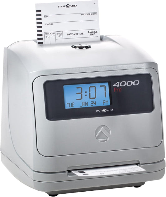 Pyramid Time Systems - Model 4000 Auto Totaling Time Clock, Electronic Time Punch Clock for Small Business, Bundle Includes: 25 Time Cards,Ribbon and 2 Security Keys - Silver ( 7.25"h x 7"w x 6.75"d)