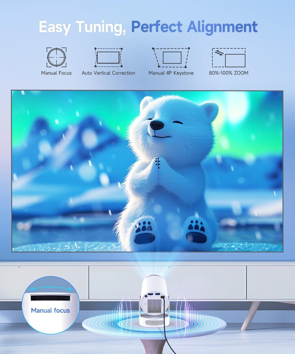 Mini Projector with WiFi 6 and Bluetooth 5.4, Portable Projector 4K support, 5w Soundbase Speaker, Auto Vertical Keystone 180°Rotatable Smart Proyector for Movie Home Outdoor HY300Pro+