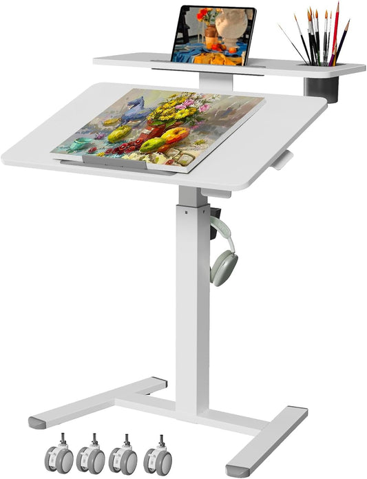 28Inch Mobile Standing Desk On Wheels， Rolling Laptop Stand with Tiltable Desktop， Small Computer Workstation Adjustable Height， 2-Tier Portable Study Table with Storage Shelves， White