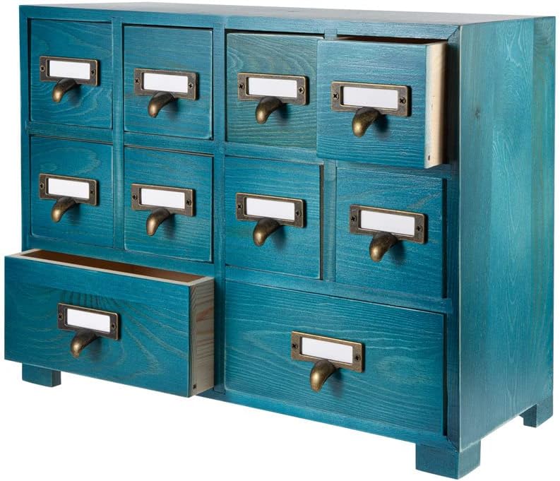 Apothecary Cabinet with 10 Drawers & Labels Rustic Library Card Catalog Cabinet Desktop Wooden Storage Box for Organize Herbal、Tea Bag、Jewelry (Blue)
