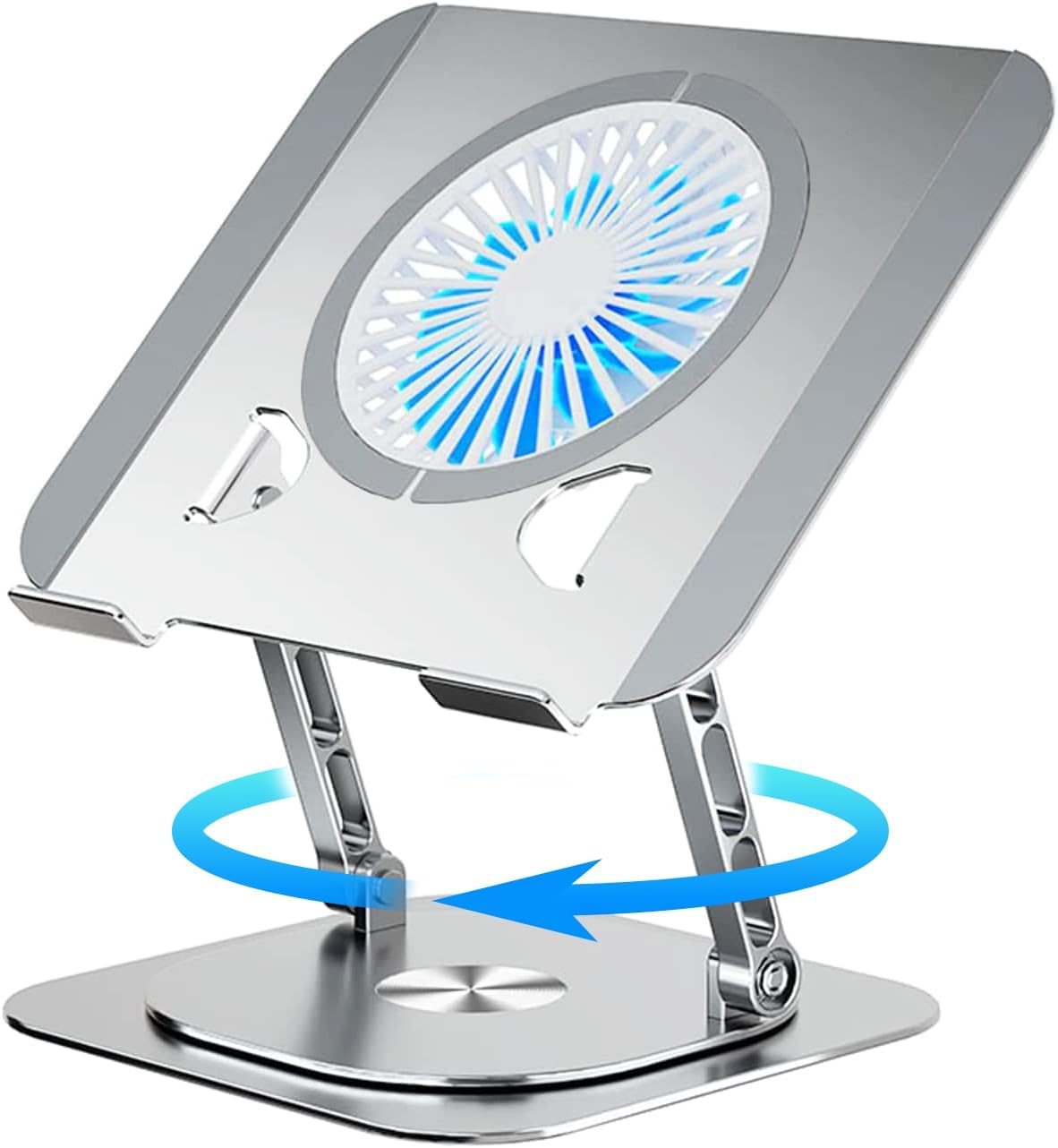 Laptop Stand Fan with 360 Rotating Swival Base, Adjustable Height for Directly Typing Keyboard and Rise up to 10", Ergonomic Aluminum Riser Holder Stand for Tablet 10 14 15 17 Inches/MacBook