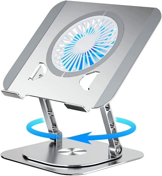 Laptop Stand Fan with 360 Rotating Swival Base, Adjustable Height for Directly Typing Keyboard and Rise up to 10", Ergonomic Aluminum Riser Holder Stand for Tablet 10 14 15 17 Inches/MacBook