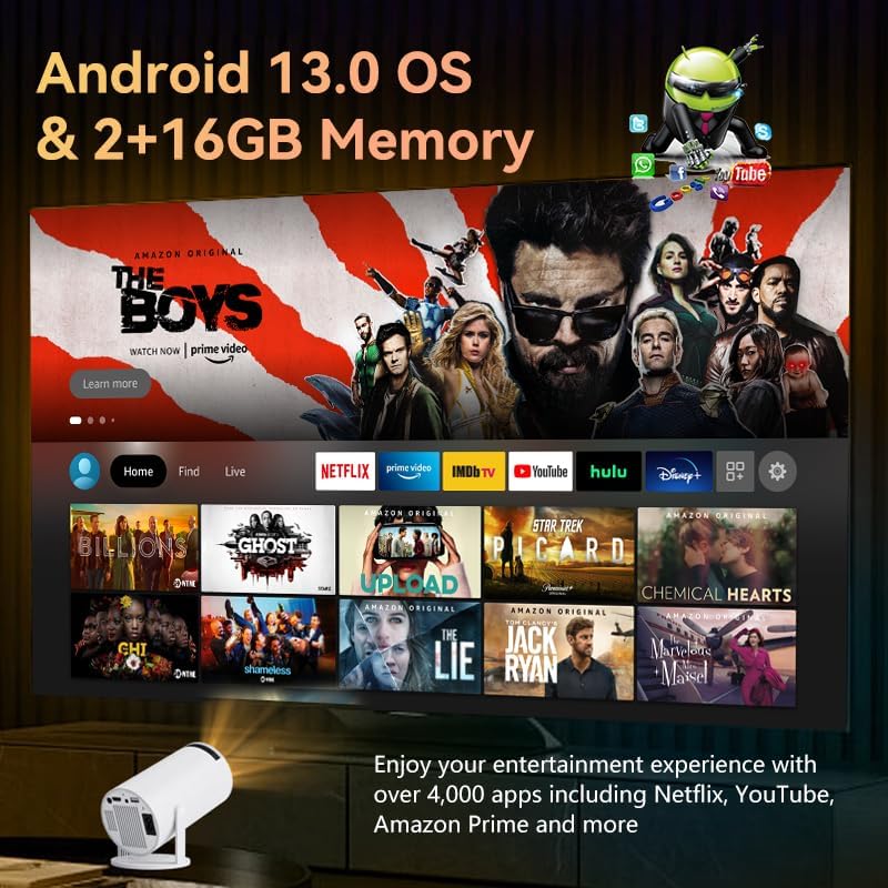 Mini Projector, 4K 1080P Support Portable Projector with Dual Band WIFI6 and Bluetooth 5.2 Android 13, Auto Keystone Correction, 180° Rotatable, 40"-150" Screen Video Projector