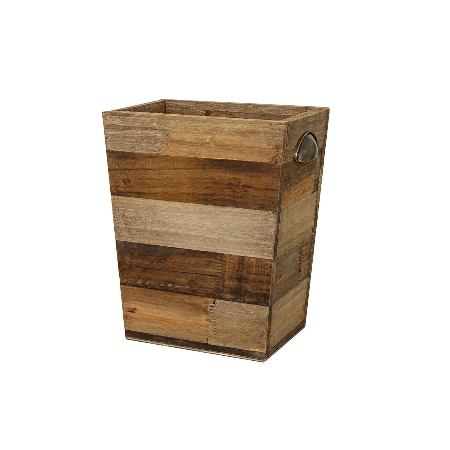 Small Wood Trash Can, Farmhouse Rectangular Garbage Can Waste Basket, Rustic Distressed Reclaimed Wood Wastebasket, Vintage Wooden Trash Recycling Bin Storage Basket with Metal Handles (Natural)