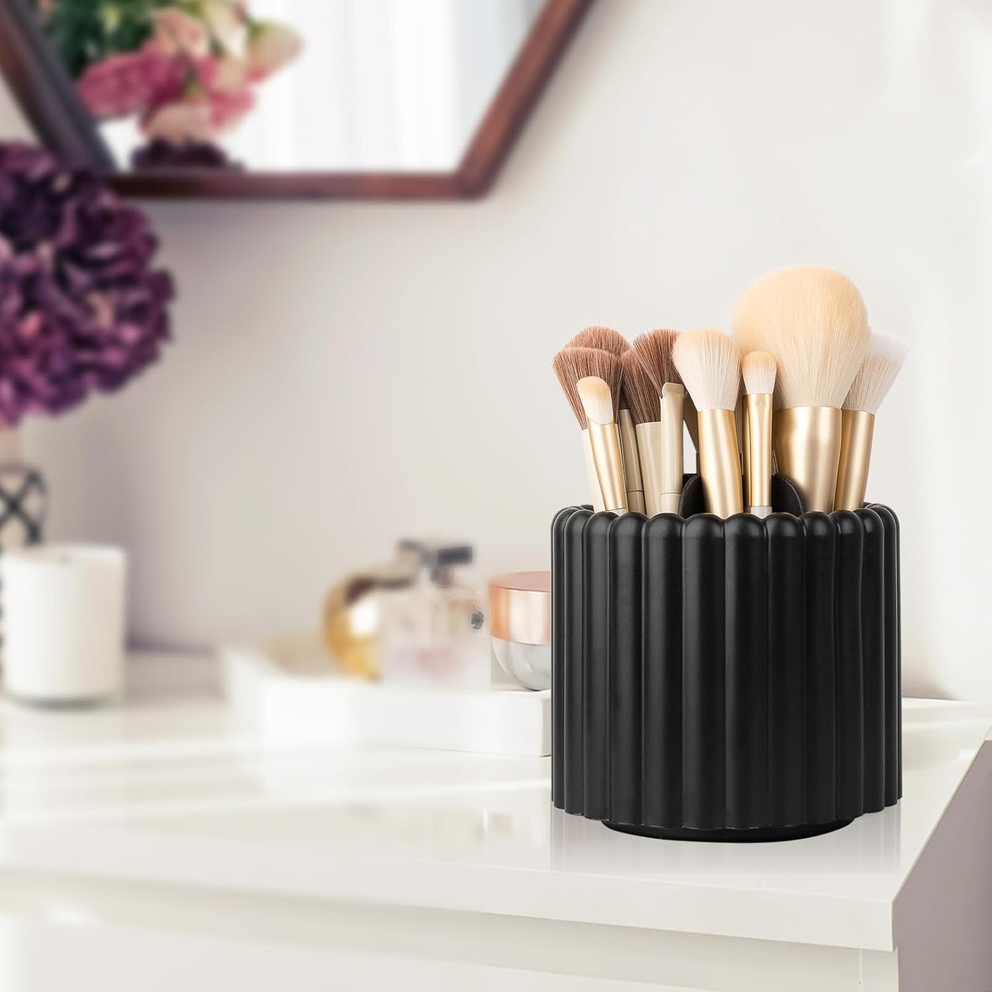 Anyoifax 360 Rotating Makeup Brush Holder 7 Slots Make Up Brush Organizer Removable Spinning Cosmetic Brushes Storage Pen Holder for Vanity, Dresser, Desk, Black