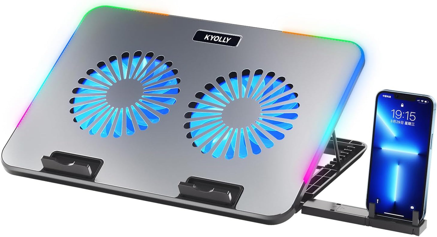 RGB Gaming Laptop Cooling Pad with Metal Panel, 2 Ultra Quiet Big Fans, 10 Lighting Modes, Phone Stand & 7 Height Adjustable Ergonomic Cooler for 10-15.6 Inch Laptops