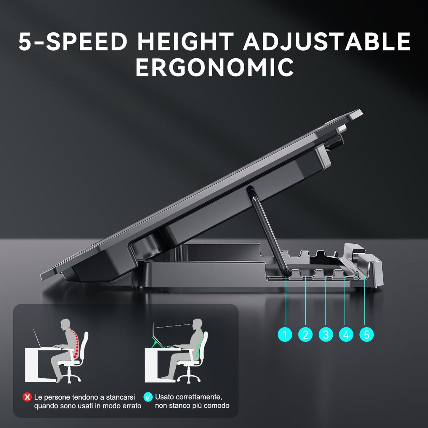 Ultra Slim Laptop Cooling Pad with 2 Quiet Big Fans, 5 Height Adjustable Ergonomic Stand, Portable Cooler for 10-15.6 Inch Laptops, Speed Control and 2 USB Ports
