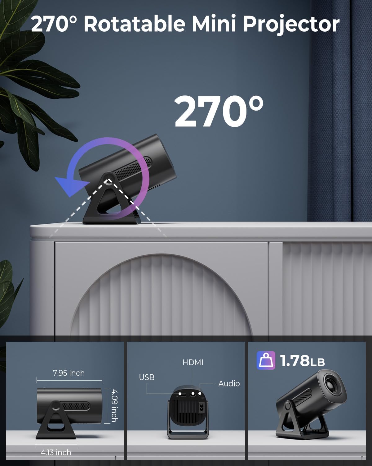 CLOKOWE Mini Projector, 4K 1080P Support projector with wifi and bluetooth,270°Adjustable Stand Outdoor Home Theater galaxy Projector with Android TV OS & 8000+APPS for Phone/TV Stick/Laptop/HDMI