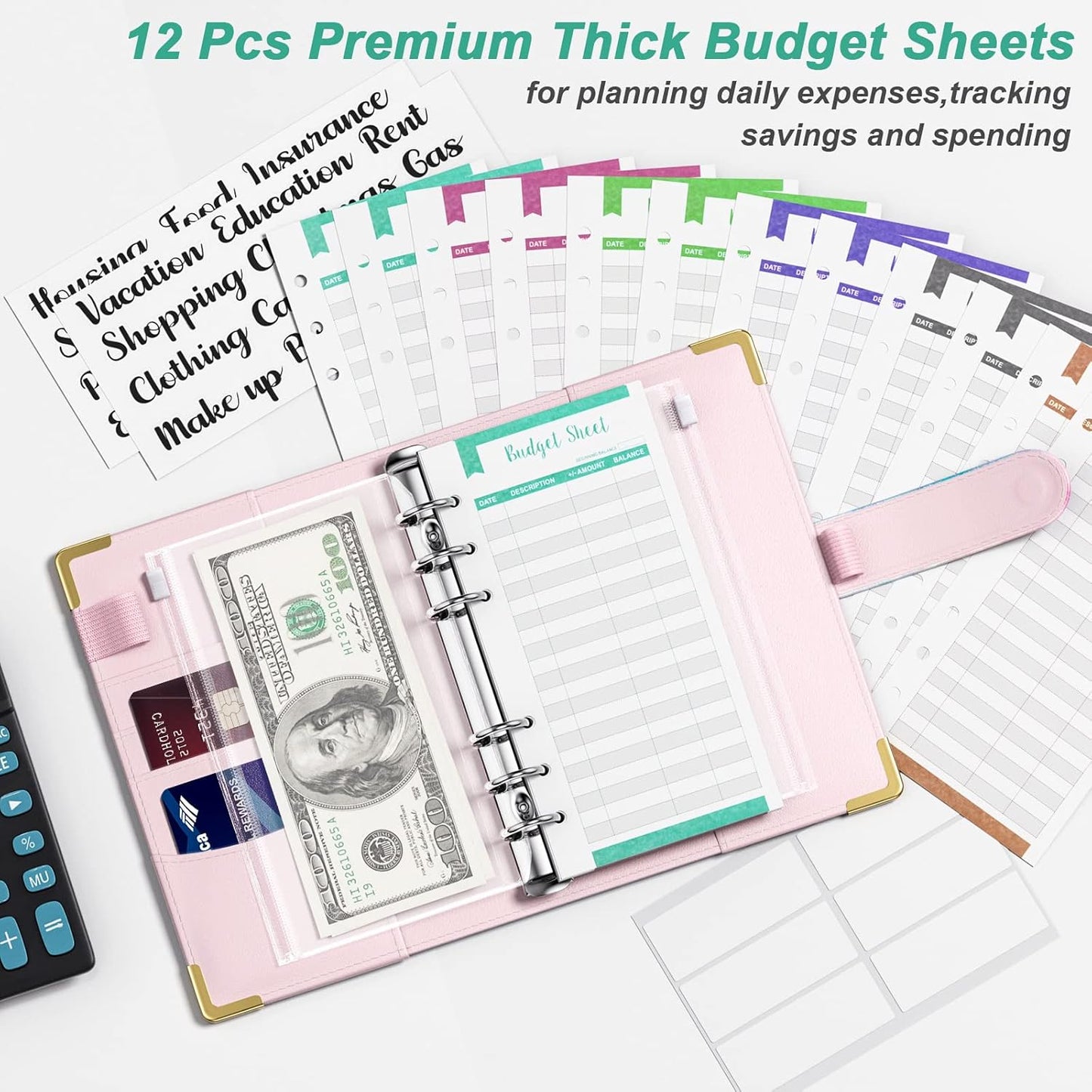 Rnivvi Budget Binder with Zipper Envelopes, A6 Money Saving Binder Cash Envelopes for Budgeting, PU Leather Planner Money Organizer for Cash Bills, Cute Floral System Wallet for Women, Black Flower