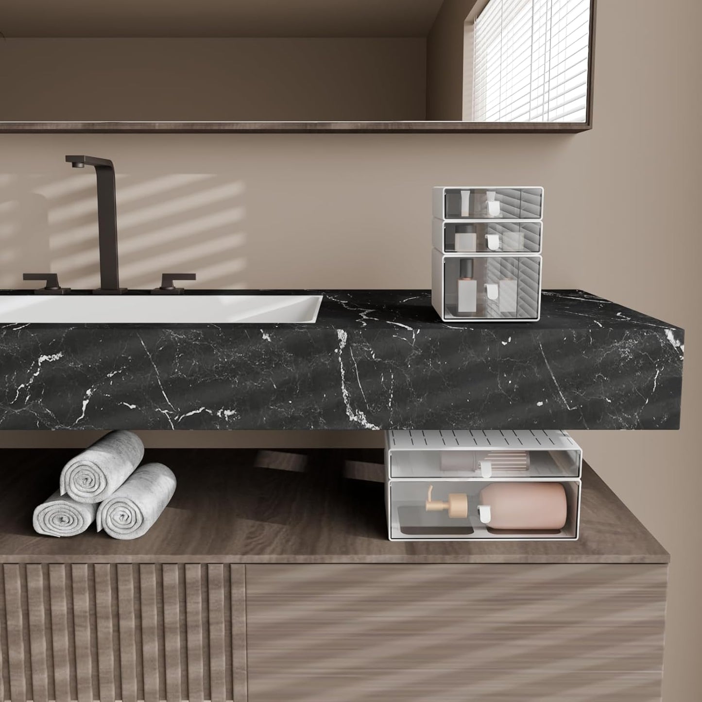 Desk Organizer Set, White & Clear Stackable Dustproof Storage Boxes for Desktop, Office, Bathroom, DIY Craft & Vertical Space Saving, Perfect for Makeup, Stationery Organization (5 Drawer)