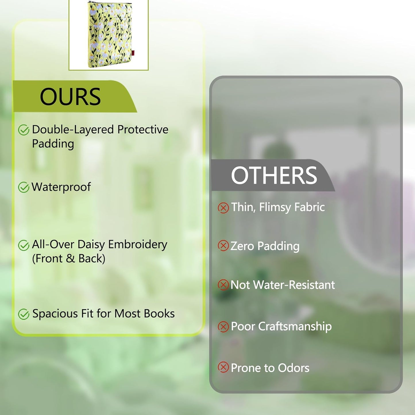 LParkin Daisy Flower Embroidery Book Sleeve with Zipper for Readers Protector Cover Gift for Book Lovers, 11x 8.5 Inch Washable Fabric, Daisy White(White)