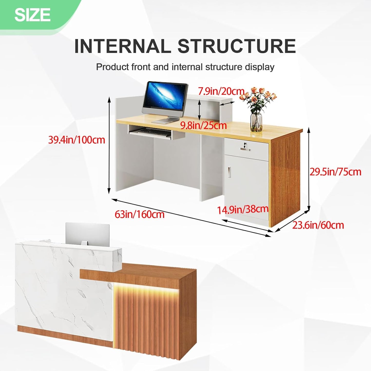 Modern Reception Desk with Counter and Drawer Office Front Desk with Cabinet Wooden Commercial Reception Table Checkout Counter for Retail Salon Lobby White and Brown Right 63inch/160cm