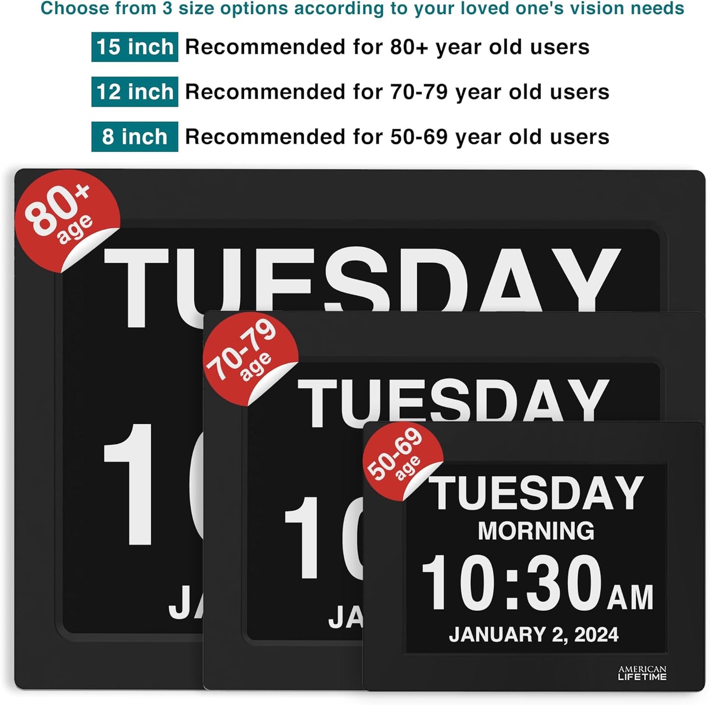 American Lifetime 【New 2025 Dementia Clock Large Digital Clock for Seniors, Alzeimer Clock Large Display with Custom Alarms, Clock with Day & Date for Elderly, Digital Calendar Black, 15 Inch