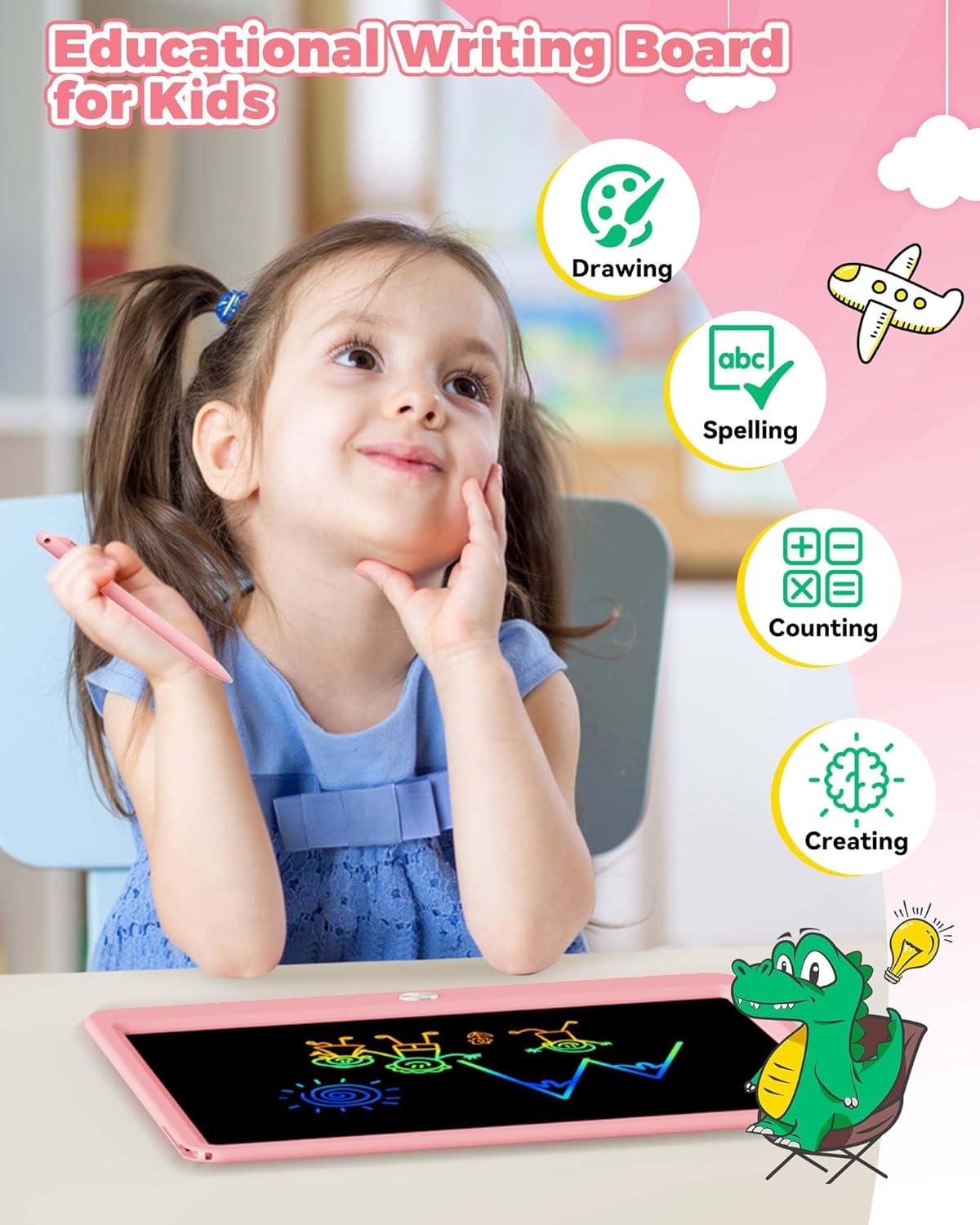 KOKODI 15 Inch LCD Writing Tablet with Anti-Lost Stylus, Erasable Doodle Board Colorful Toddler Drawing Pad, Car Travel School Games Toys for 3 4 5 6 7 8 Kids, Birthday Gift for Girls Boys Pink